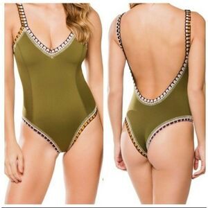 Kiini  Wren Swimsuit Scoop Back Maillot Crochet One Piece High Cut Olive Green S